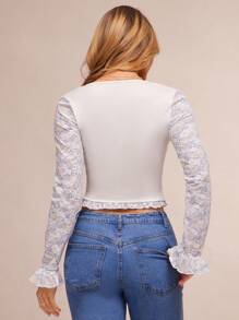 WESTFADE Western Mixed Media Knit Jersey & Floral Bow Patterned Lace Deep V Neck Ruched Bodice Long Ruffle Sleeve Fitted Spring Break Top - White - View 2