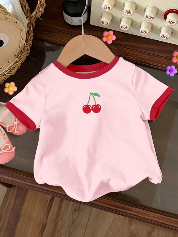 SHEIN Cute Mini Cherry Print Young Girls Casual Round Neck Pink & Red Short Sleeve T-Shirt, Suitable For Summer