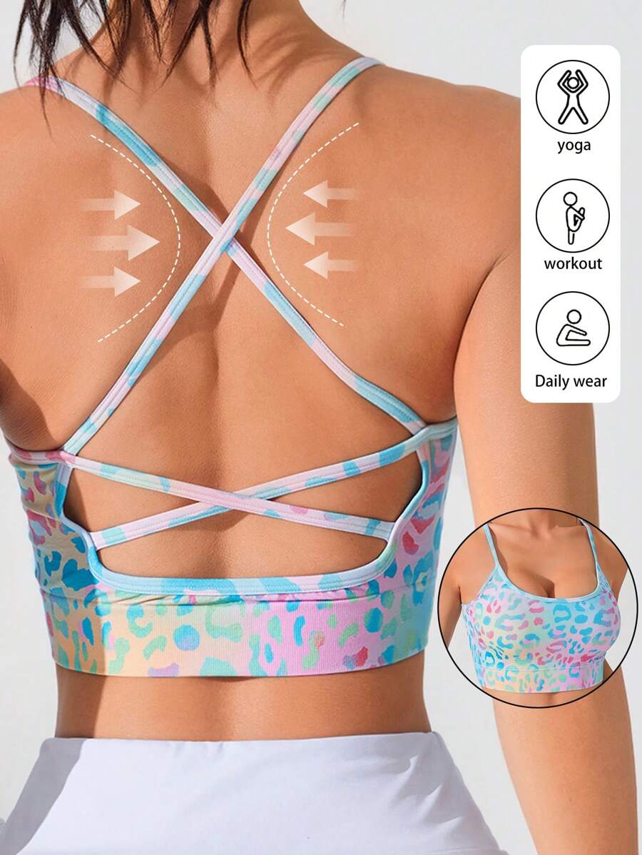 Easithlete 渐变色豹纹印花露背运动文胸 - 粉色 - 查看 1