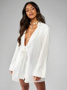 MISSGUIDED 轻质粗棉布海滩罩衫长袖度假服夏季和服裹身开衫系带前海滩装泳池度假家居服 - 白色 - 查看 1