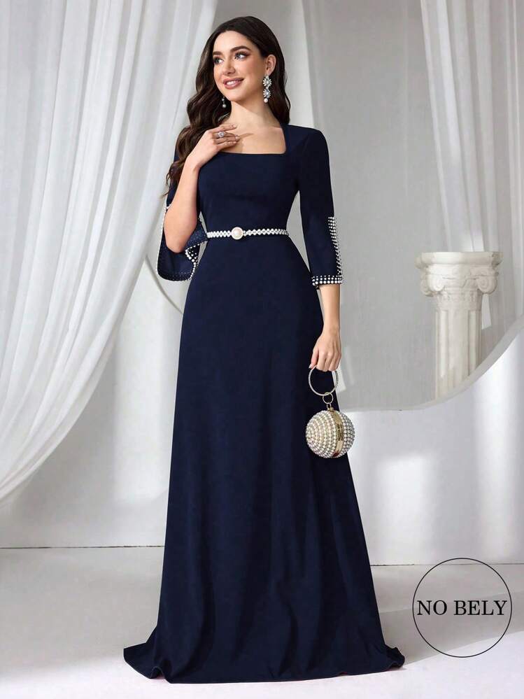 Coutiva Đầm dạ hội dệt kim đính hạt bodycon trang trọng cho nữ, Đầm dự tiệc, Đầm dự tiệc cưới, Váy dạ hội - Màu xanh hải quân - Xem 1