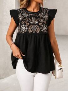 Breezaya Women's Casual Resort Embroidered Cap Sleeve Loose Blouse - Black - View 1
