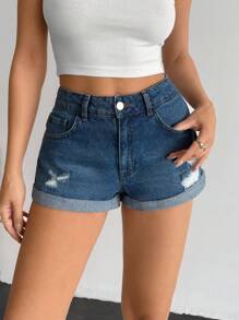 SHEIN Cottnline Low Waist Ripped Mini Denim Shorts, Fashion For Summer Women Denim Shorts Summer Outfits For Clothes Summer Clothes Women Summer Sets Women Clothing Y2k Summer Shirts - Medium Wash - View 3