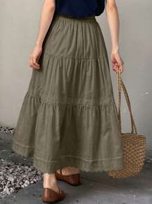 FRIFUL Falda casual de unicolor con volantes para mujer - Verde Oscuro - Ver 2