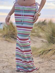 Aralina Summer Vacation Striped Drawstring Waist Boho Beach Maxi Cover Up Sheer Skirt - Army Green - View 7