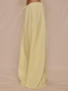 MUSERA Drawstring Front Tiered Cotton Poplin Floaty Maxi Skirt Summer Vacation Cute Elegant Sweet Escape - Yellow - View 3