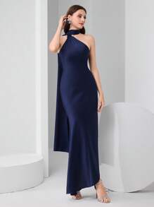 Modelyn Vestido formal entallado de unicolor con cuello de halter sin mangas - Azul Marino - Ver 6