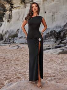 SHEIN BAE Women's Summer Resort Beach Wedding Season Bohemian Off-Shoulder Neck Metal Embellished Maxi Dress, Concert Outfits For Women,Summer Outfits For Women,Wedding Guest Dress Women - Black - View 1