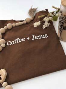 INAWLY 女式“Coffee & Jesus”标语字母印花经典 T 恤，简约、时尚、休闲、日常穿着、送给她的礼物、节日 T 恤、时尚、美观的运动衫、兄弟姐妹礼物、送给姐妹的礼物、有趣的运动衫图案 T 恤女式上衣 - 棕色 - 查看 3