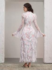 Graceveil Damen Extra Langes Kleid mit Blumen Muster, gerüschtem Saum und Bindegürtel, Modest Elegant