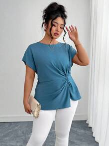 SHEIN Clasi Áo cánh xanh thắt nút xoắn thanh lịch cỡ lớn dành cho nữ, tốt nghiệp mùa hè, ăn trưa, áo xanh sân bay, trang phục công sở thường ngày, ngày của mẹ - Màu xanh lam - Xem 3