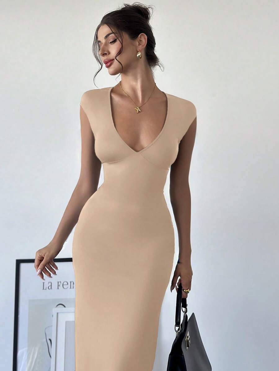 Firerie 节日情人节女士优雅性感百搭修身长裙，深 V 领，短袖，系腰带设计 - 米色 - 查看 1