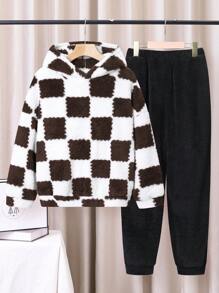 Tween Boy 2pcs Checkerboard Pattern Drop Shoulder Teddy Hoodie & 1pc Pants