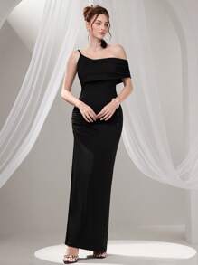 Poshira Elegante abito da cocktail da donna con collo asimmetrico e colore tinta unita