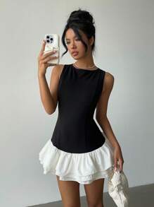 Aloruh Elegant Black & White Contrast Ruffle Hem Mini Dress, Summer - Black and White - View 8