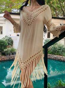 DAZY 女士纯色镂空设计长袖罩衫连衣裙，适合度假