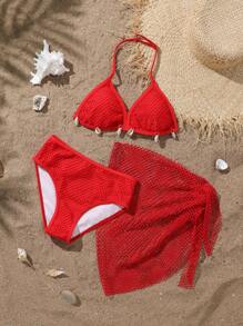 SHEIN 3pcs/Set Tween Girls Swimsuit, Brown Triangle Cup Shell Trim Halter Neck Top & Mesh Bottom - Red - View 1
