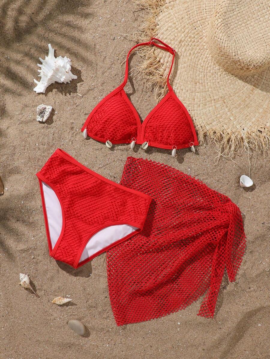 SHEIN 3pcs/Set Tween Girls Swimsuit, Brown Triangle Cup Shell Trim Halter Neck Top & Mesh Bottom - Red - View 1