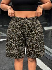SHEIN ICON Plus Size Women Casual Leopard Print Denim Shorts - Multicolor - View 1