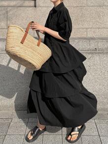 FRIFUL Women's Puffy Sleeve Waist Cinched Multi-Layered Midi Dress, Solid Color,Ruffle - Black - View 1