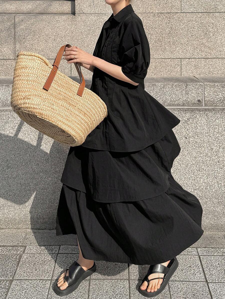 FRIFUL Women's Puffy Sleeve Waist Cinched Multi-Layered Midi Dress, Solid Color,Ruffle - Black - View 1