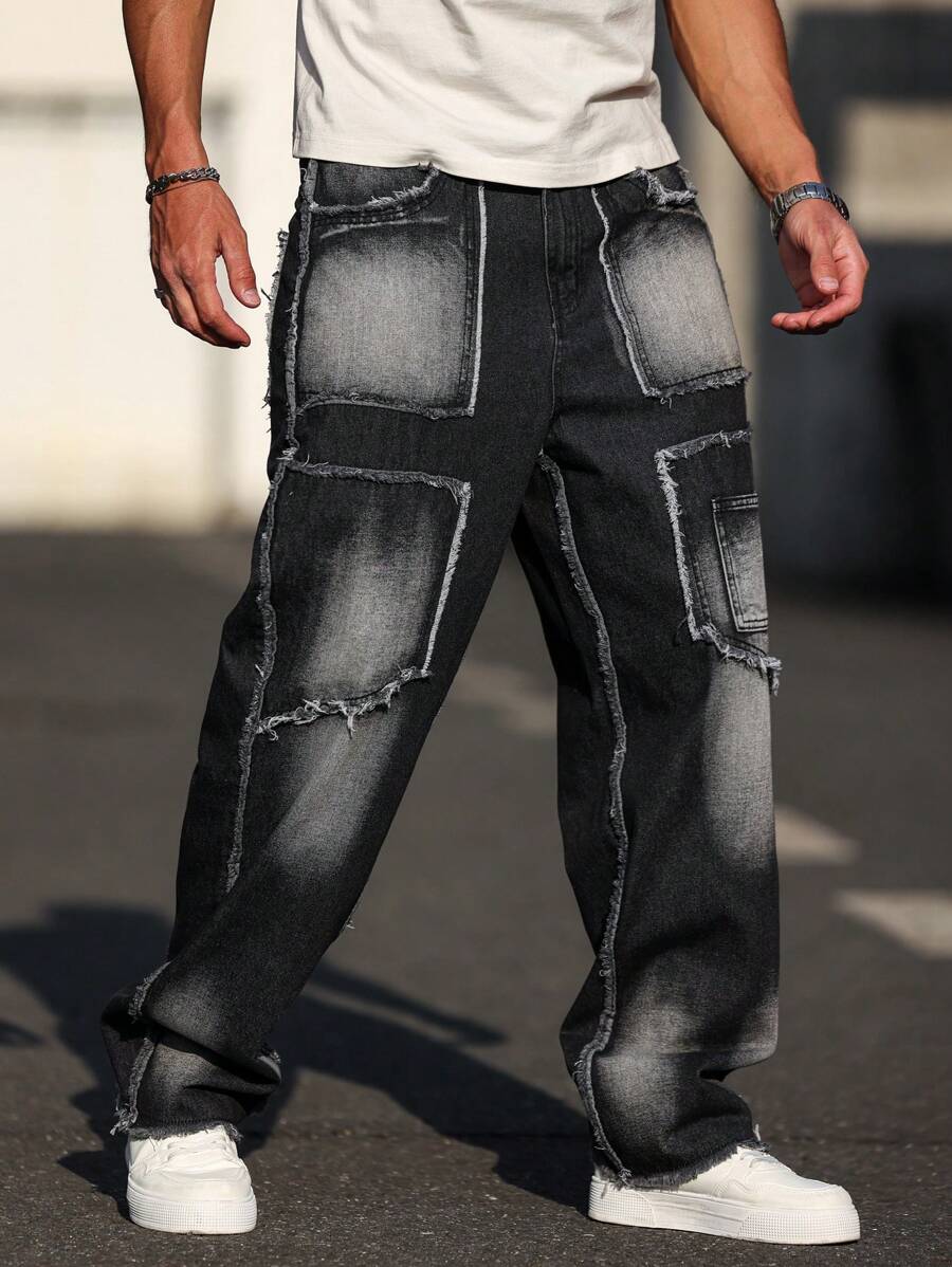 Manfinity LEGND Men's Black Denim Patchwork Jeans: Stylish Long Zippered Design With A Frayed Edge - Black - View 1