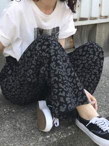 FRIFUL 女士豹纹休闲裤，适合机场、旅行、夏季度假，波西米亚风 - 黑色 - 查看 3
