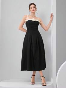 Modelyn 女士拼色花卉装饰细肩带中长连衣裙泳衣 - 黑色 - 查看 6