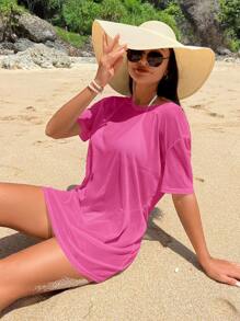 Swim Vcay Women's Solid Color Short Sleeve Round Neck Cover Up, Fashionable For Summer