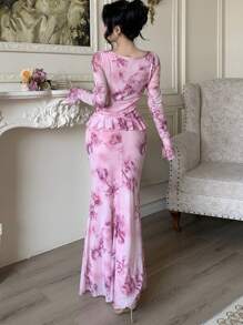 Modelyn Women's Mesh Print Ruched Ribbon Floral Decor Summer Sexy Romantic Dress - Pink - View 2