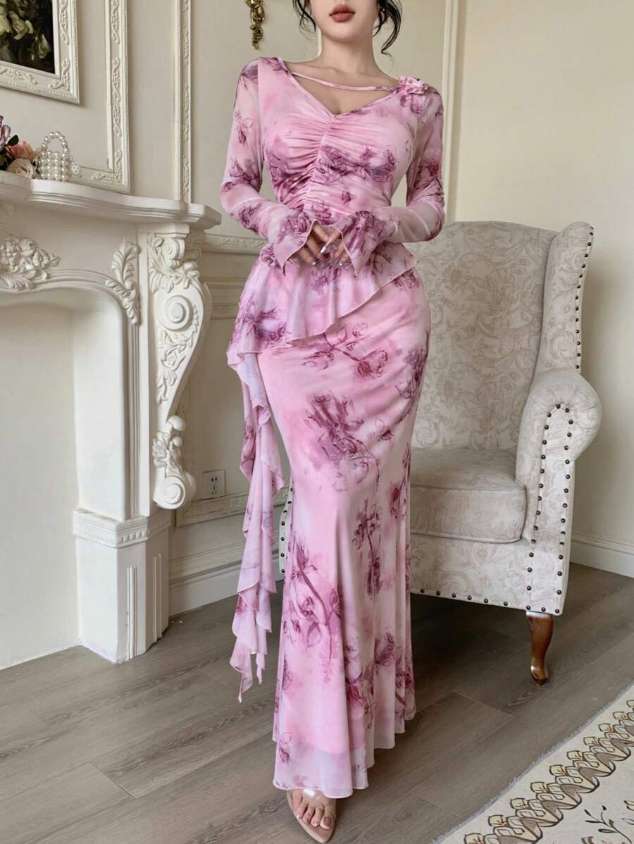 Modelyn Women's Mesh Print Ruched Ribbon Floral Decor Summer Sexy Romantic Dress - Pink - View 1