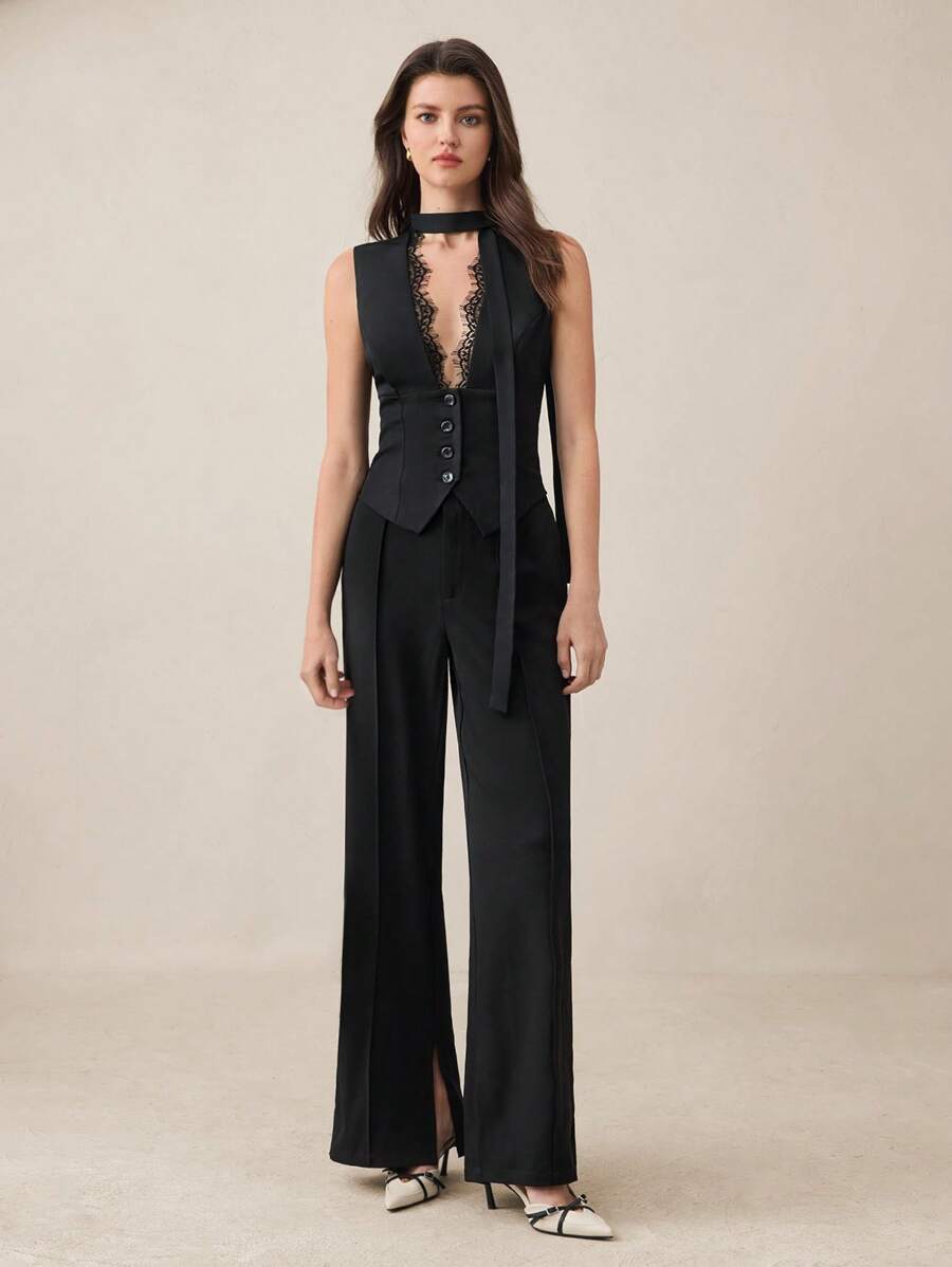 BizChic Elegant Lace Trim V-Neck Camisole, Suitable For Business Casual Jacket, Urban Commute, Business Casual Women's Wear, Autumn/Winter - Black - View 1