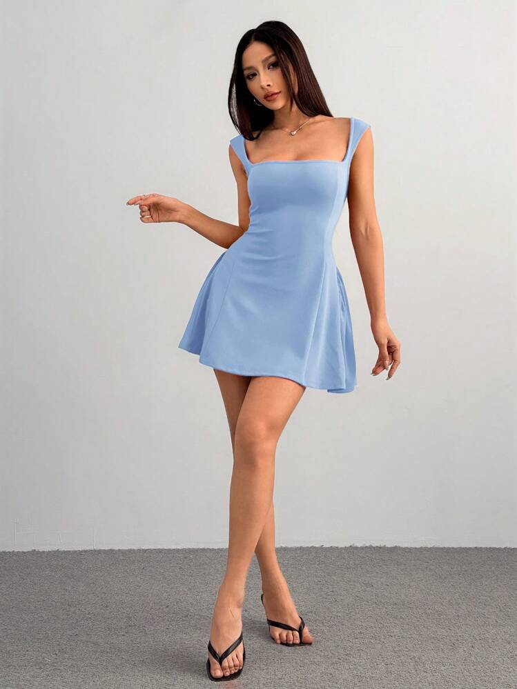 SHEIN PETITE Women's Date Party Solid Color Red Mini A-Plump Square Neck Sexy And Elegant Waist Bud Dress,Summer Dresses For Women,Graduation Dresses - Baby Blue - View 3