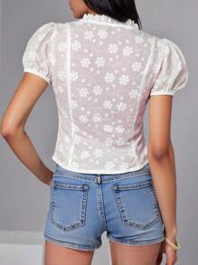 Roylia Blusa con mangas abullonadas, con bordado floral y lazo delantero para mujer - Blanco - Ver 2