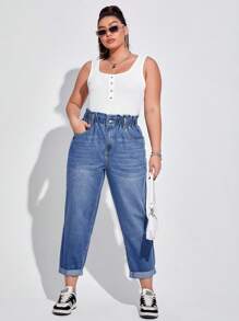 SHEIN ICON 大码休闲水洗高腰锥形牛仔裤 - 中等水洗藍 - 查看 6