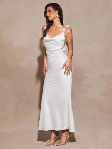 Silquee 白色性感优雅垂坠领花卉贴花鱼尾露背连衣裙，适合鸡尾酒会、浪漫约会、秋冬打底衫、派对、婚礼伴娘、夜间外出、万圣节、圣诞节、情人节 - 白色 - 查看 4