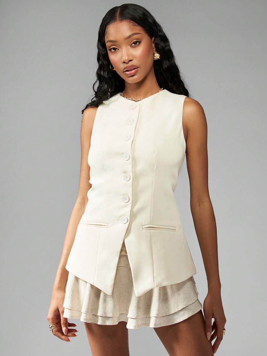 MISSGUIDED Chaleco con botones y bolsillos para la calle - Blanco - Ver 1