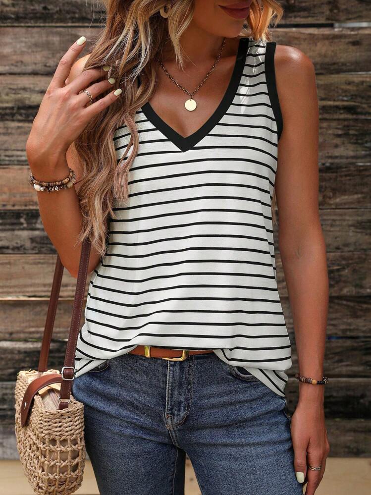 SHEIN LUNE Striped Print Tank Top Graphic Tees Women Tops - Black and White - View 4