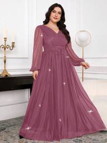 Modelyn Plus Size V-Neck Solid Color Long Sleeve Dress, Fashionable For Summer - Dusty Pink - View 2