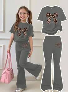 SHEIN Leap Crew 2pcs/Set Young Girl Casual Minimalist Round Neck Short Sleeve T-Shirt And Pants Set, Suitable For Summer