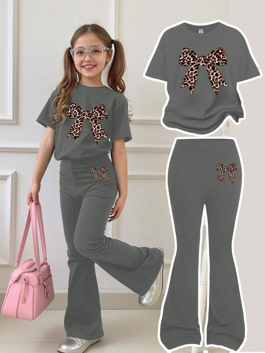 SHEIN Leap Crew 2pcs/Set Young Girl Casual Minimalist Round Neck Short Sleeve T-Shirt And Pants Set, Suitable For Summer