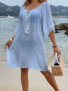 Swim Vcay Vacation Beach Solid Color Lace Patchwork Coverup Dress For Summer - Blue - View 6