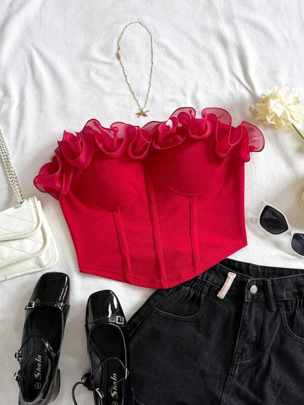 Soleia Top de bandeau ajustado con volantes 3D, adecuado para fiesta, cita nocturna, San Valentín, té de la tarde