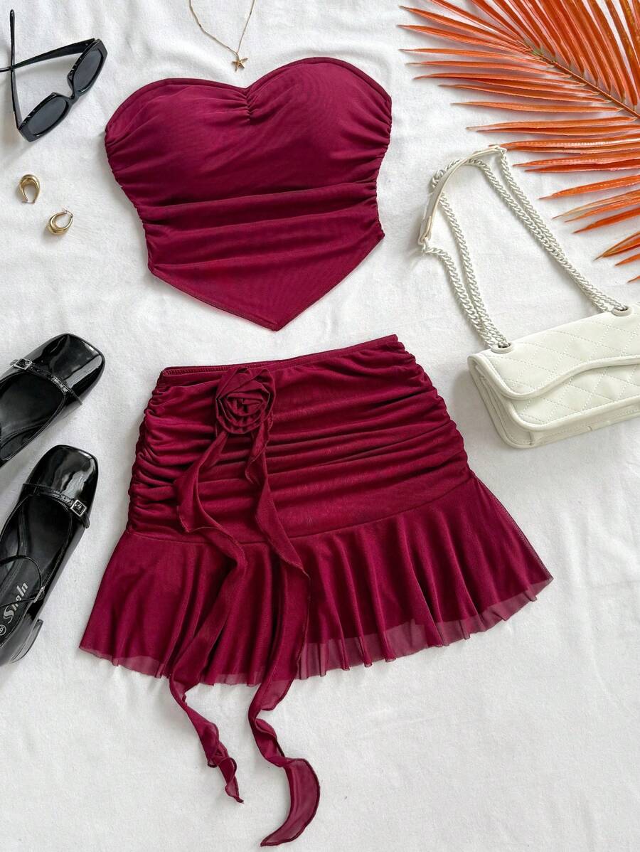 Soleia 2 Pieces Set: Solid Color 3D Floral Tube Top & Mini Skirt,Summer Sets - Burgundy - View 1