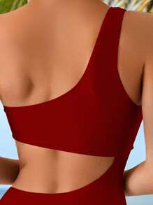 Swim Vcay Women Spring Break Sexy Vacation Backless One Shoulder Pink Summer One-Piece Swimsuit - Burgundy - View 5