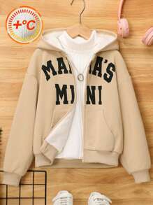 SHEIN Áo khoác nỉ giữ nhiệt có khóa kéo, in chữ, dành cho bé gái tuổi teen (1 chiếc). - Màu Khaki - Xem 1