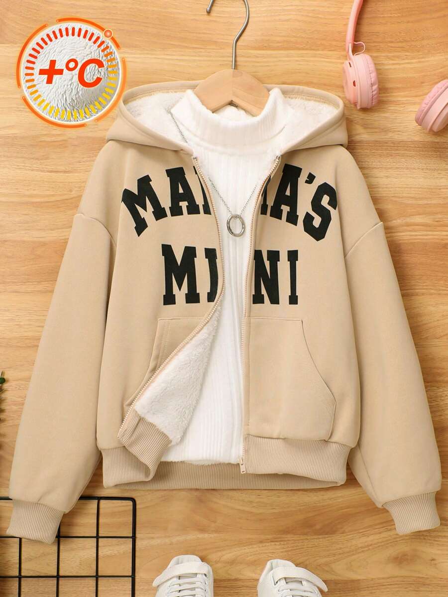 SHEIN Áo khoác nỉ giữ nhiệt có khóa kéo, in chữ, dành cho bé gái tuổi teen (1 chiếc). - Màu Khaki - Xem 1