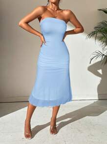 Firerie 女士纯色双层网眼露肩无袖连衣裙 - 藍色 - 查看 3