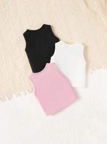 SHEIN 3pcs/Set Cute Knit Cartoon Pattern Sleeveless Top For Baby Girl, Versatile - Multicolor - View 2