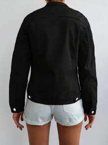 EURMUSE 95% Cotton Flap Detail Long Sleeves Casual Denim Jacket - Black - View 2